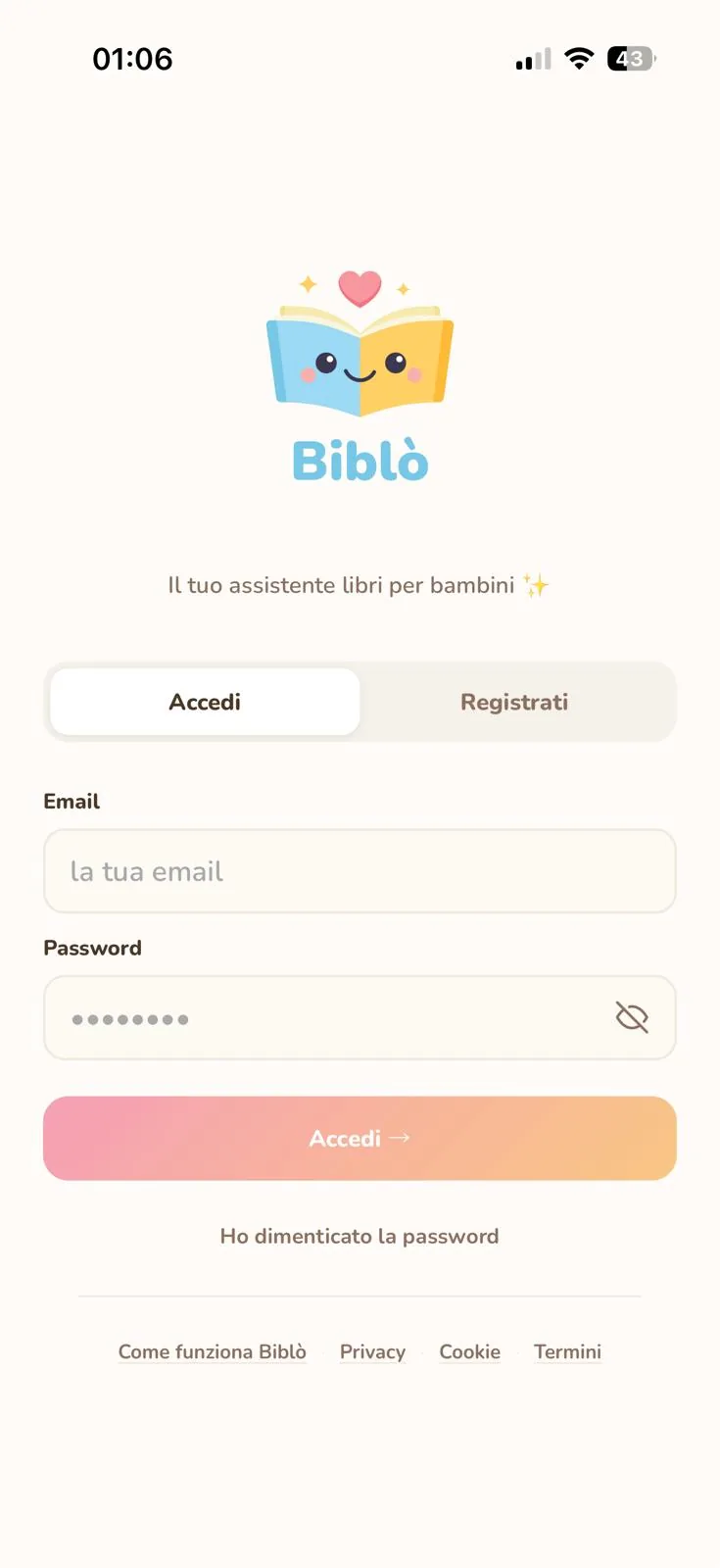 Schermata di accesso di Biblò