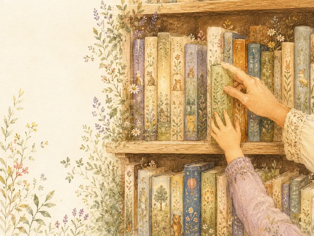 Scaffale illustrato pieno di libri per bambini, con una mano adulta e una mano bambina che scelgono insieme un libro.
