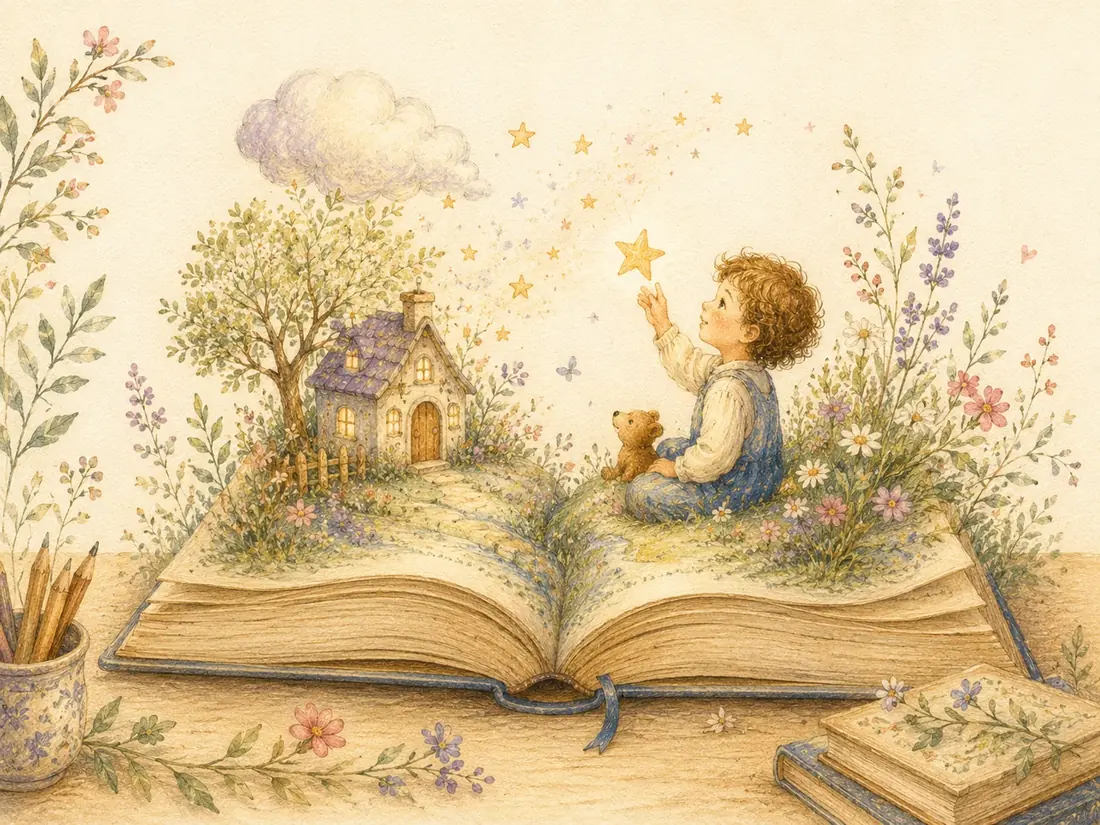 Libro aperto da cui nasce una piccola scena immaginaria con fiori, stelle, una casetta e un bambino.