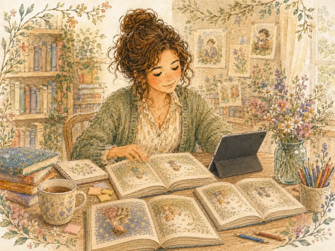 Professionista dell'infanzia che consulta libri illustrati e uno strumento digitale per scegliere il libro più adatto.