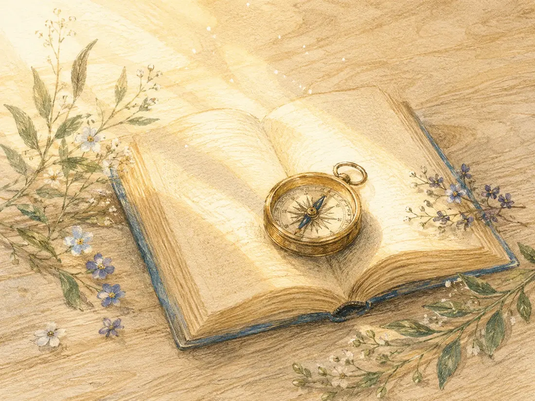 Libro aperto con una bussola illuminata, simbolo di orientamento, fiducia e trasparenza.