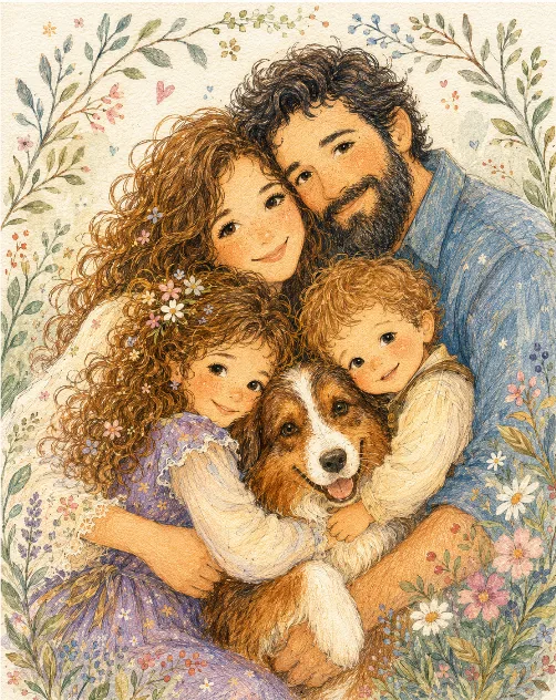 Illustrazione della famiglia di Sissi: mamma, papà, Viola, Leo e il cane, tra fiori e foglie